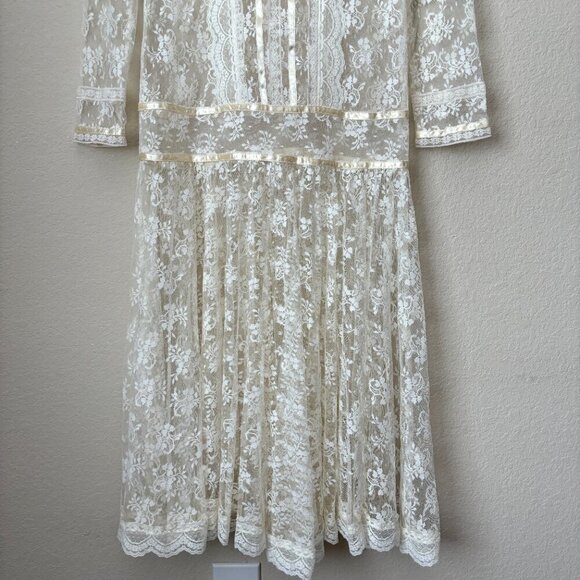Gunne Sax by Jessica McClintock Vintage 80's Lace Drop Waist Bridal Midi Dress - Picture 4 of 13